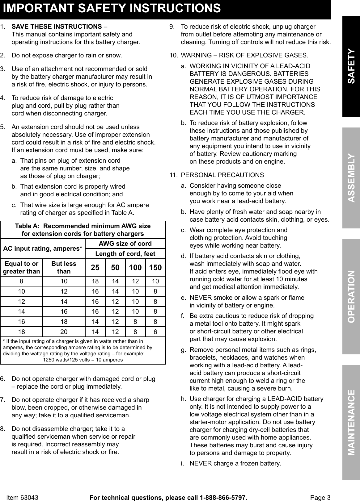 Page 3 of 12 - Manual For The 63043 2/40/200 Amp 6/12V Wheel Charger With Start