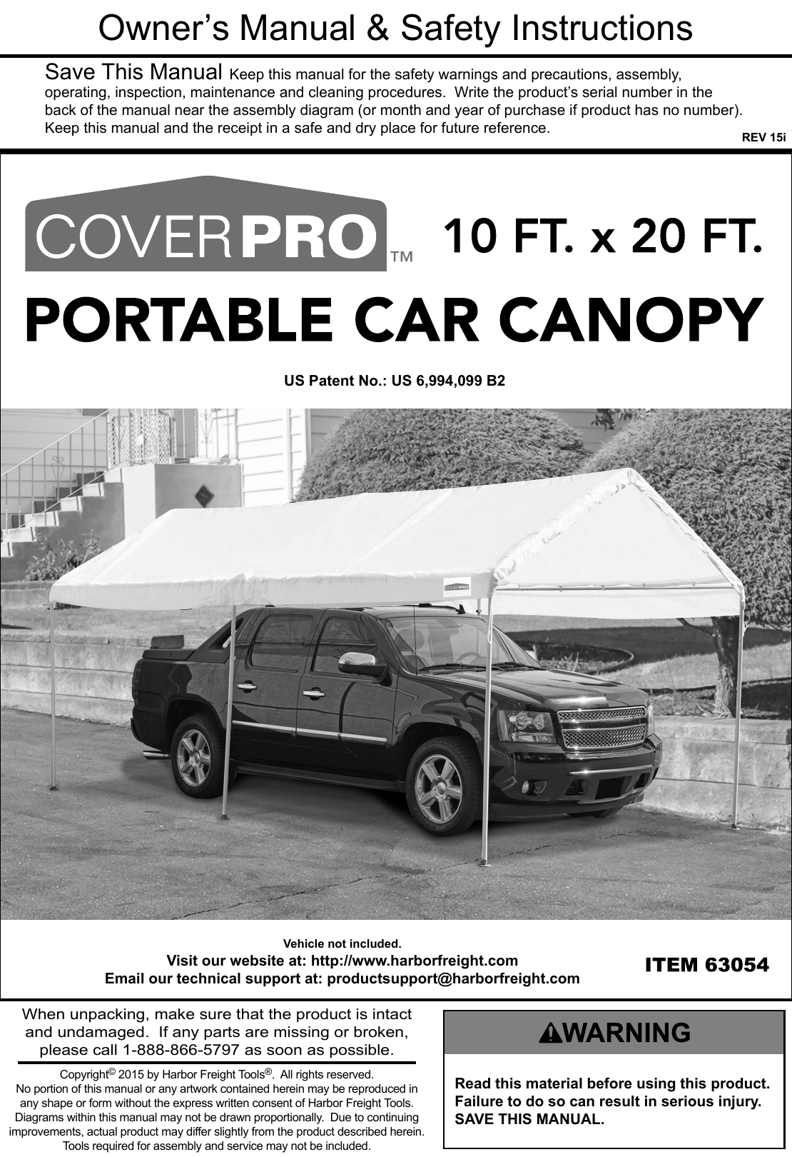 Manual For The 63054 10 Ft X 20 Portable Car Canopy