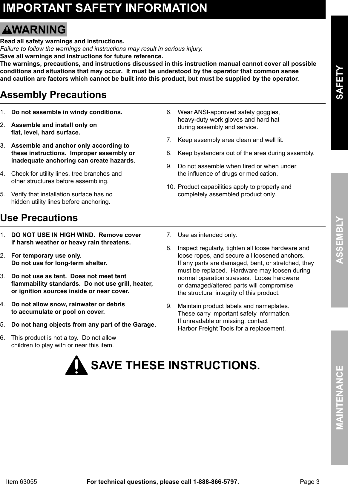 Page 3 of 12 - Manual For The 63055 10 Ft. X 17 Portable Garage