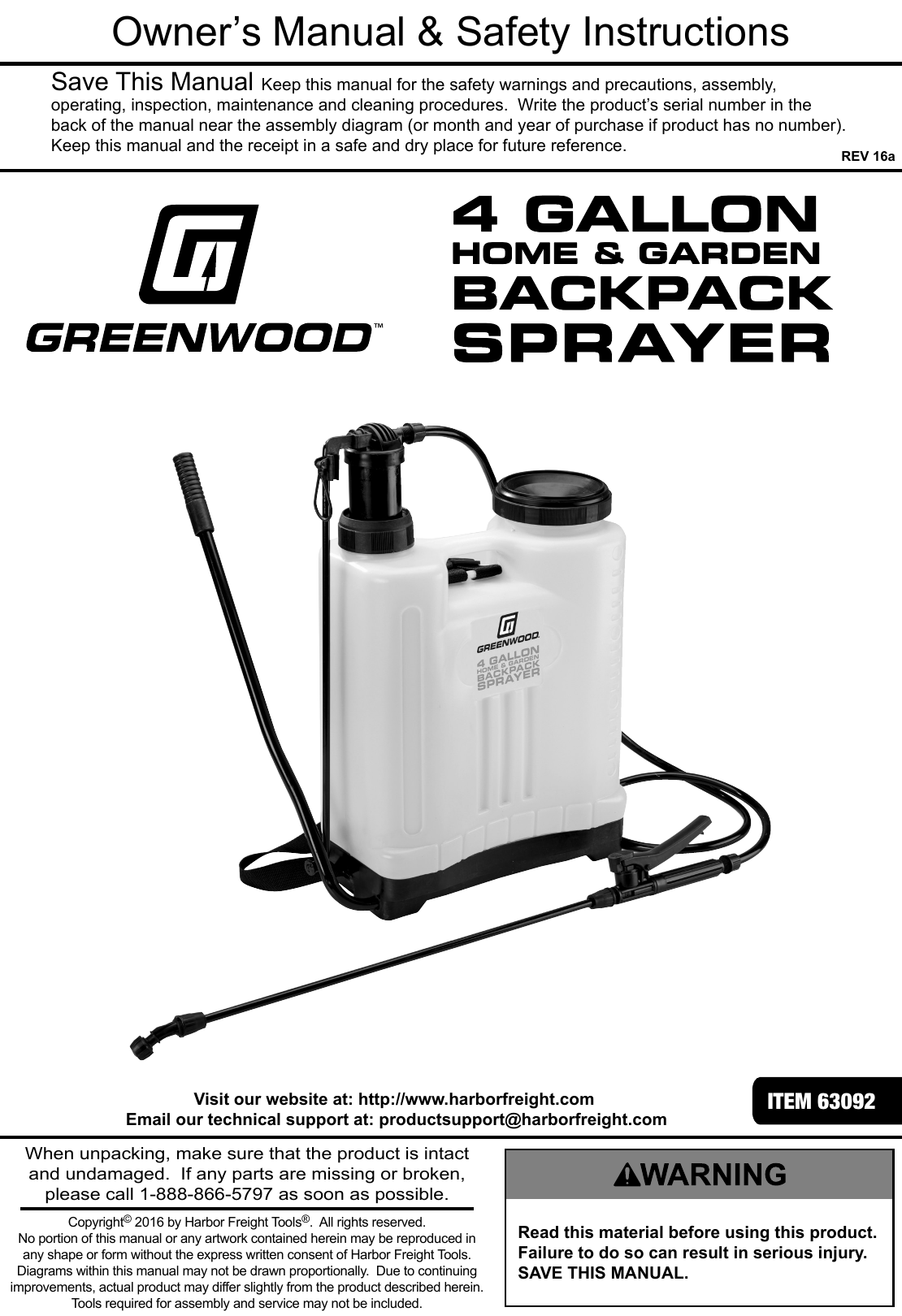 Page 1 of 12 - Manual For The 63092 4 Gal. Backpack Sprayer