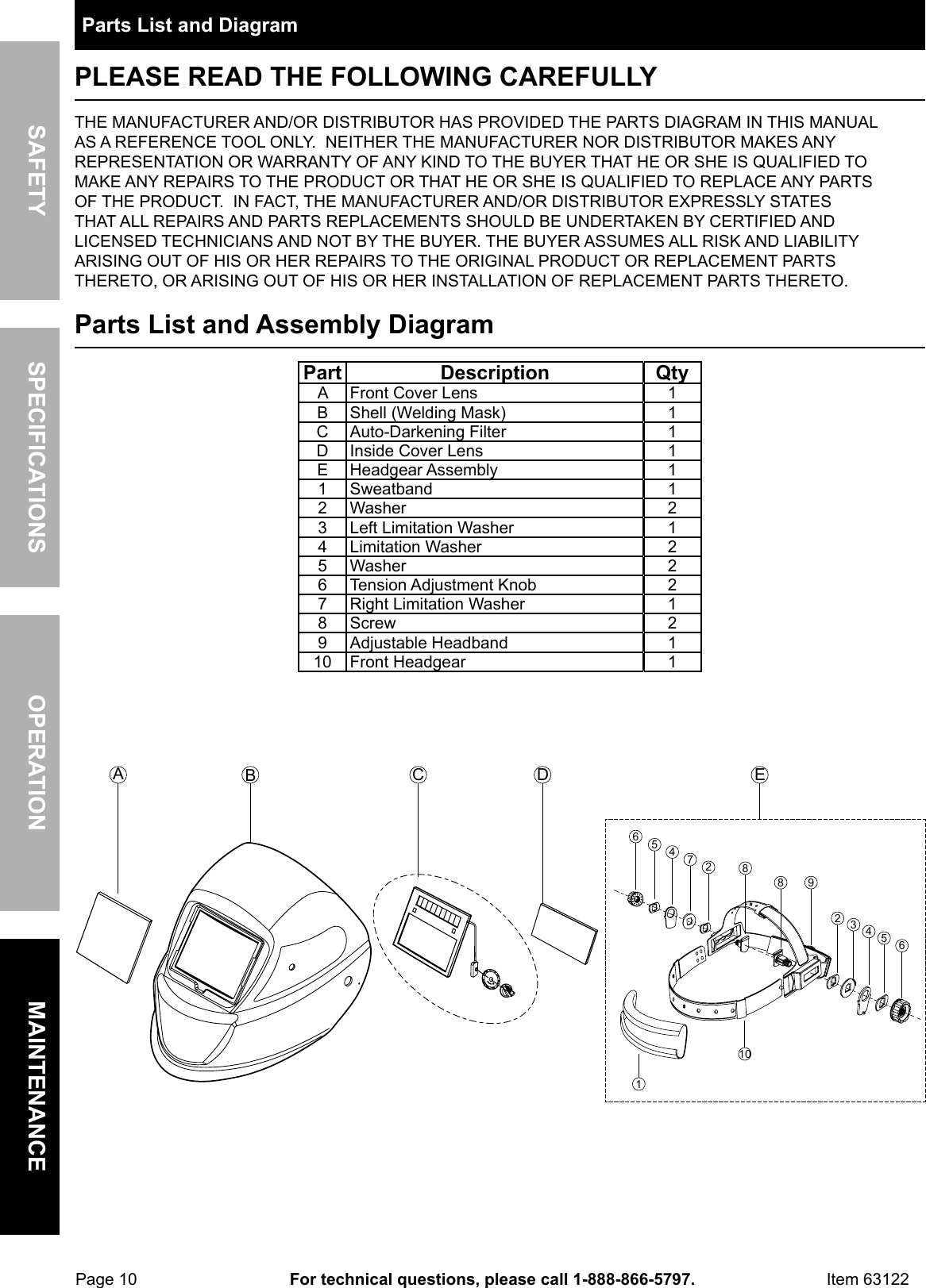 Page 10 of 12 - Manual For The 63122 Auto Darkening Welding Helmet With Blue Flame Design