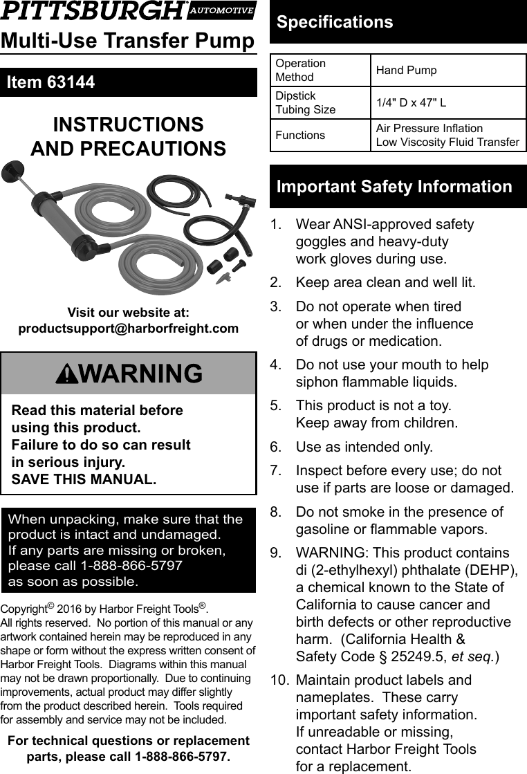 Page 1 of 4 - Manual For The 63144 Multi-Use Transfer Pump