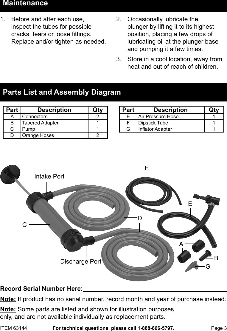 Manual For The 63144 Multi Use Transfer Pump