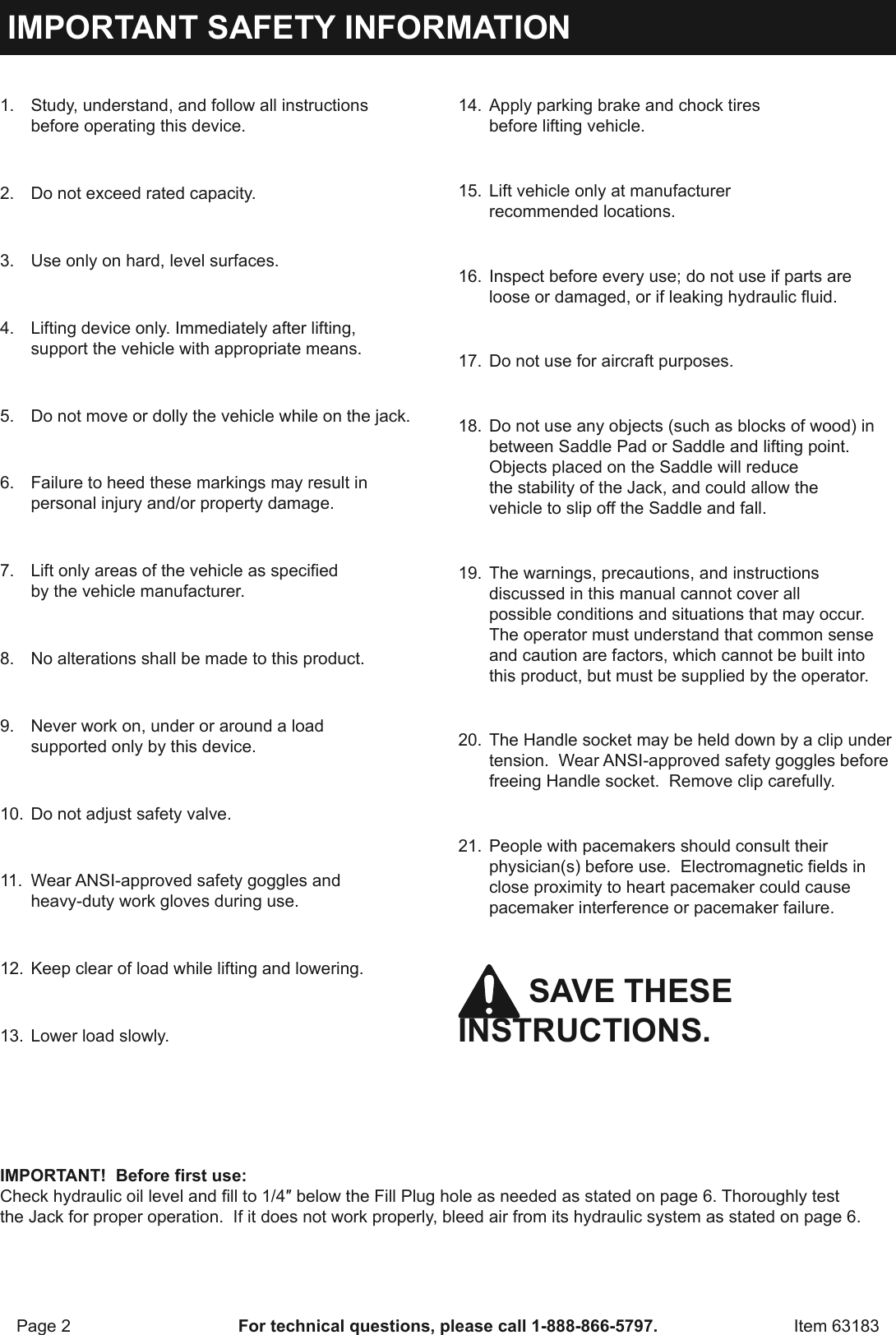 Page 2 of 12 - Manual For The 63183 3 Ton Daytona Professional Steel Floor Jack - Super Duty