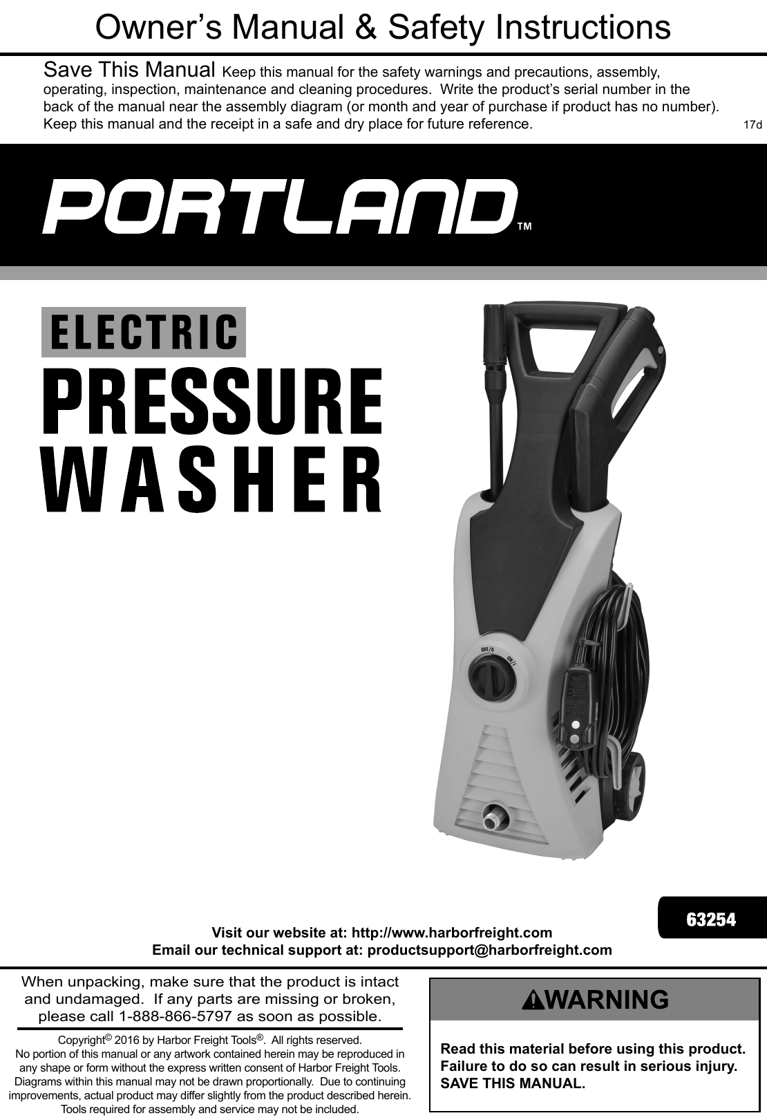 Portland 1750 Psi Gpm Electric Pressure Washer 63254 Manual ...