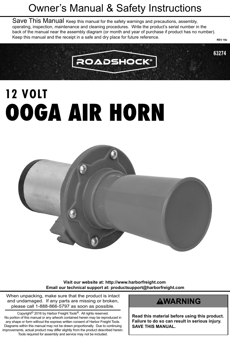 Manual For The 63274 110 D B Old Fashioned Sound Ooga 12V Air Horn