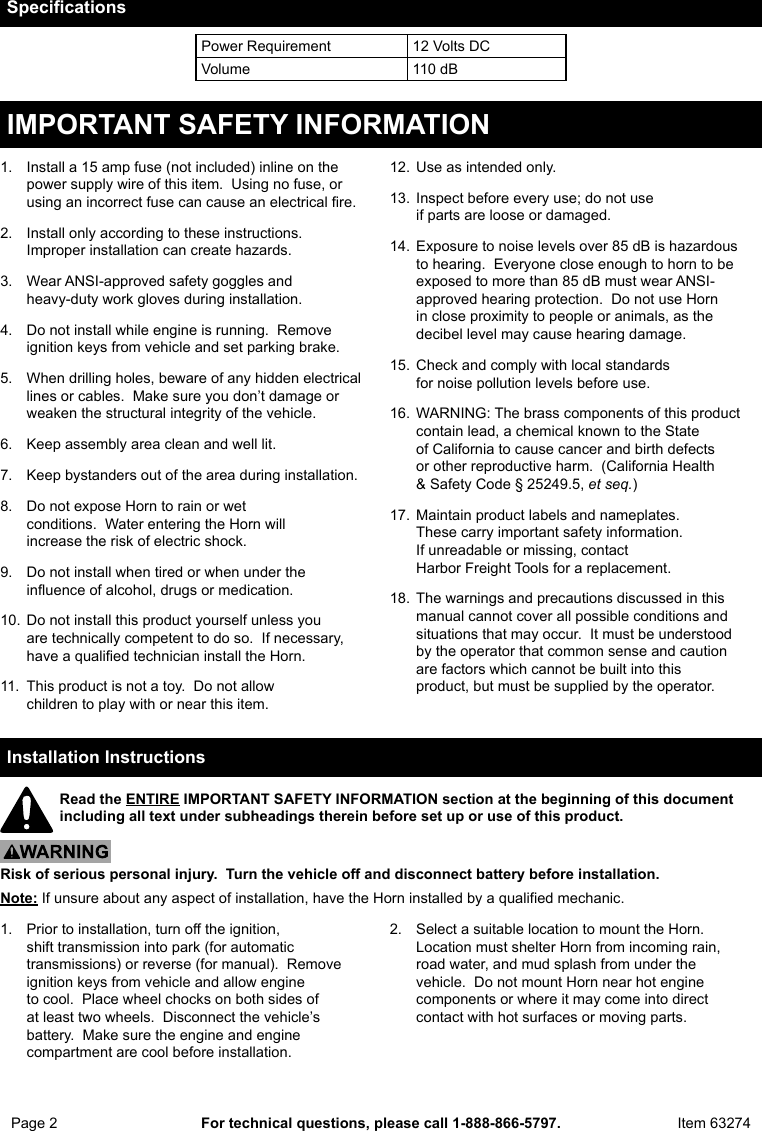 Page 2 of 4 - Manual For The 63274 110 D B Old Fashioned Sound Ooga 12V Air Horn