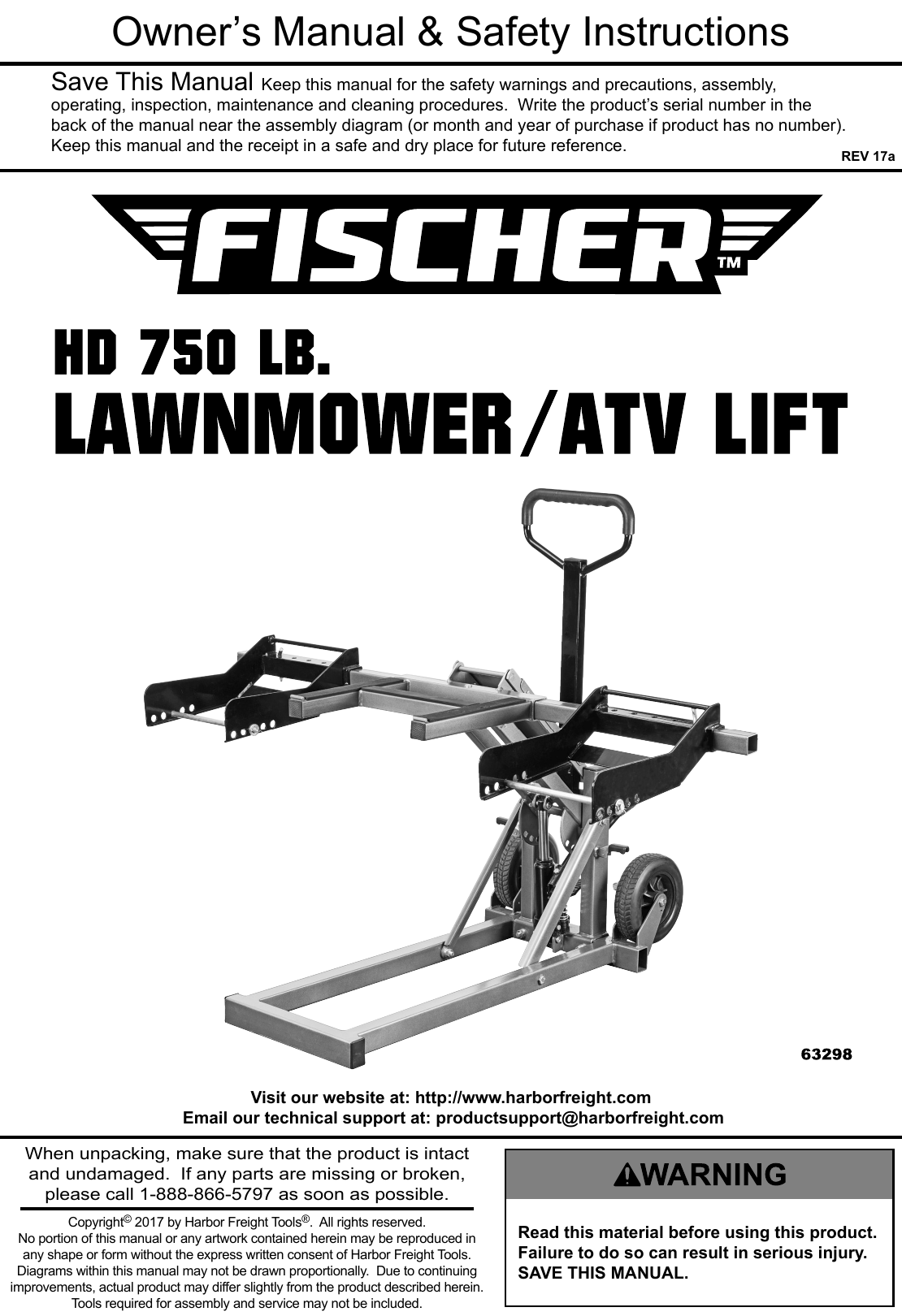 Manual For The 63298 750 Lb. Heavy Duty ATV/Mower High Lift Jack