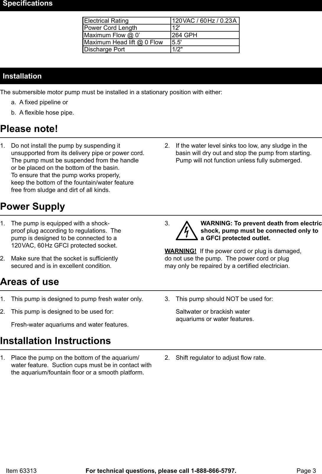 Page 3 of 8 - Manual For The 63313 264 GPH Submersible Pond Pump