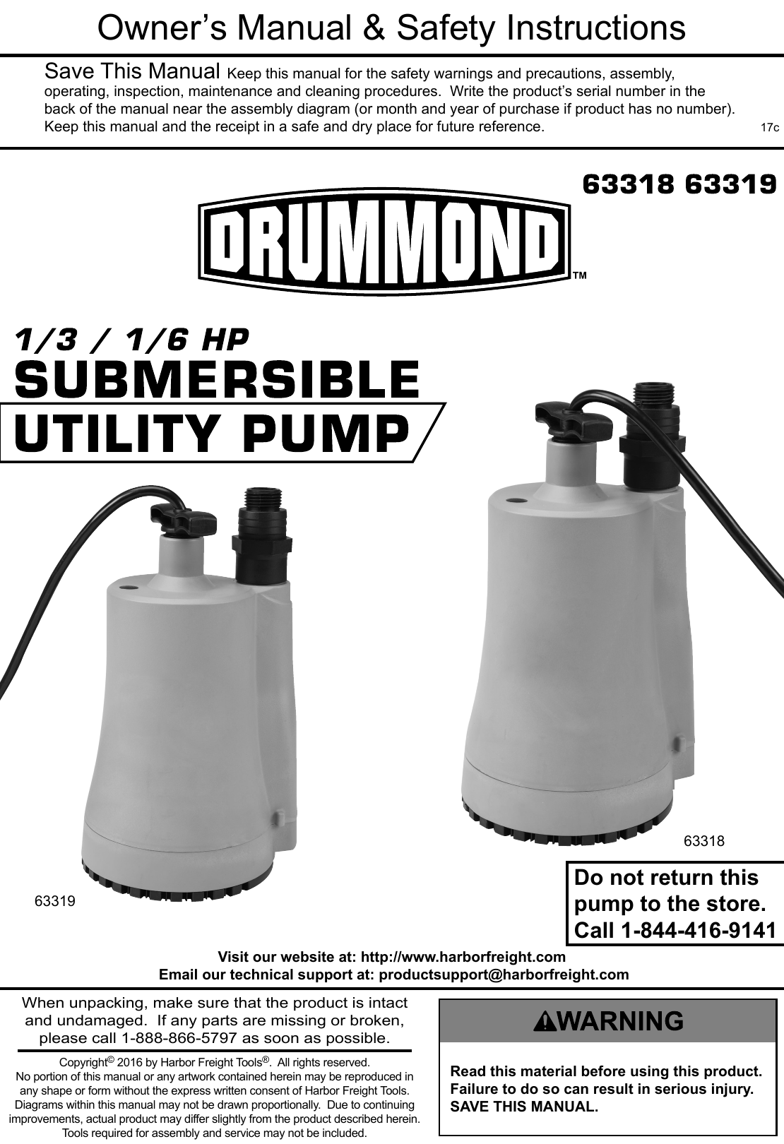 Page 1 of 8 - Manual For The 63319 1/6 HP Submersible Utility Pump 1600 GPH