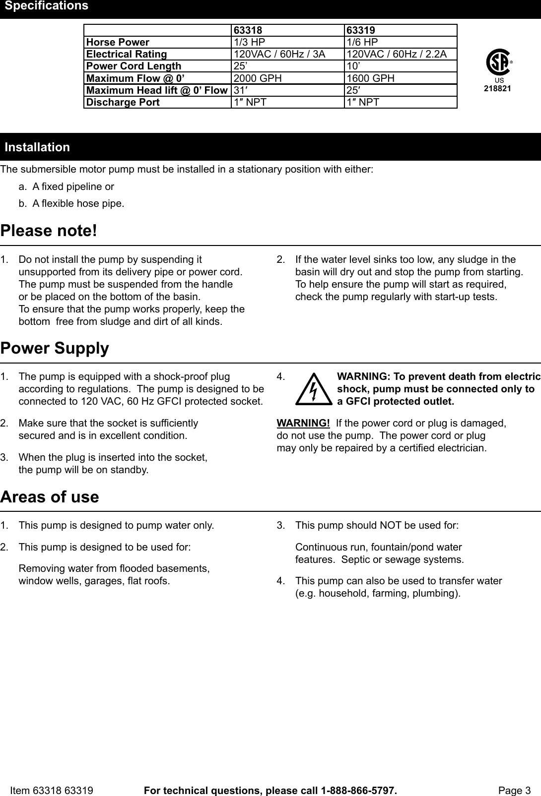 Page 3 of 8 - Manual For The 63319 1/6 HP Submersible Utility Pump 1600 GPH