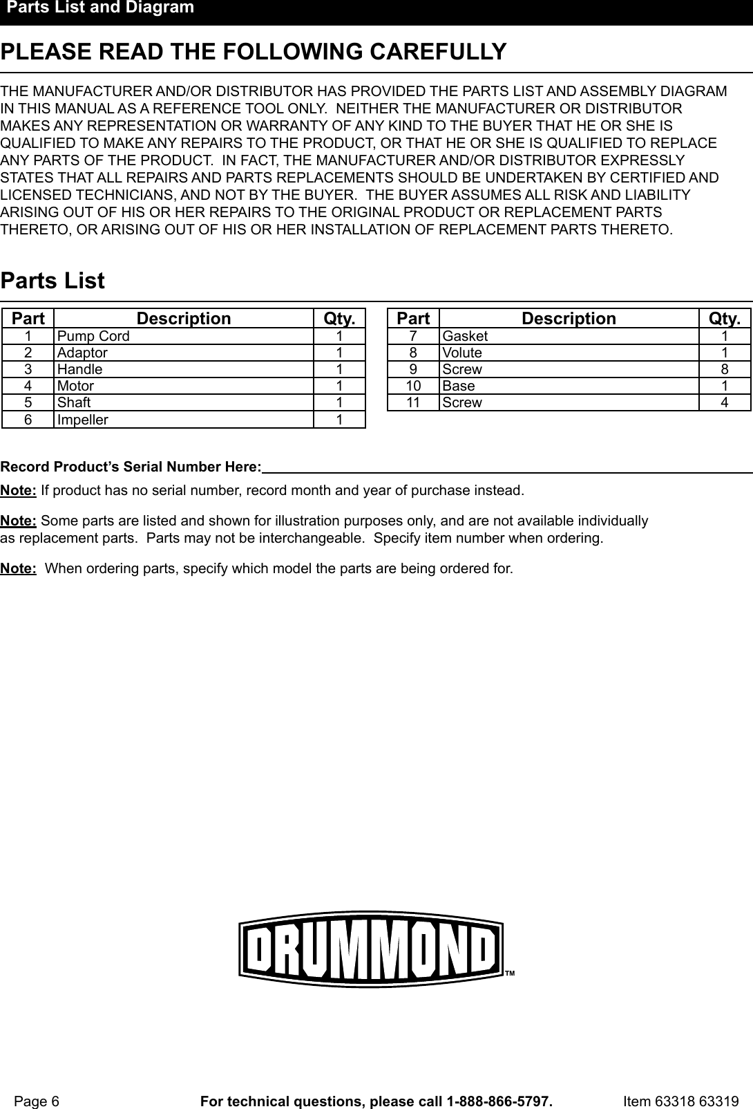 Page 6 of 8 - Manual For The 63319 1/6 HP Submersible Utility Pump 1600 GPH