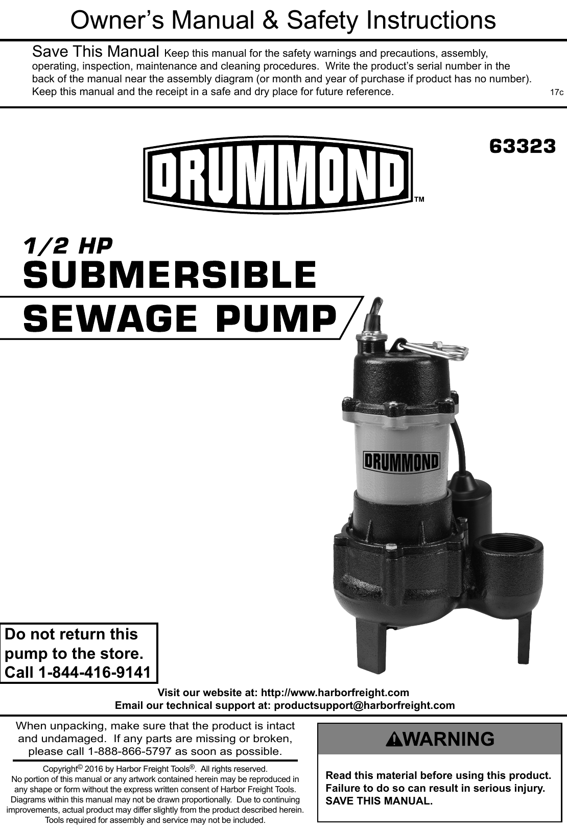 Page 1 of 8 - Manual For The 63323 1/2 HP Submersible Sewage Pump With Tether Switch