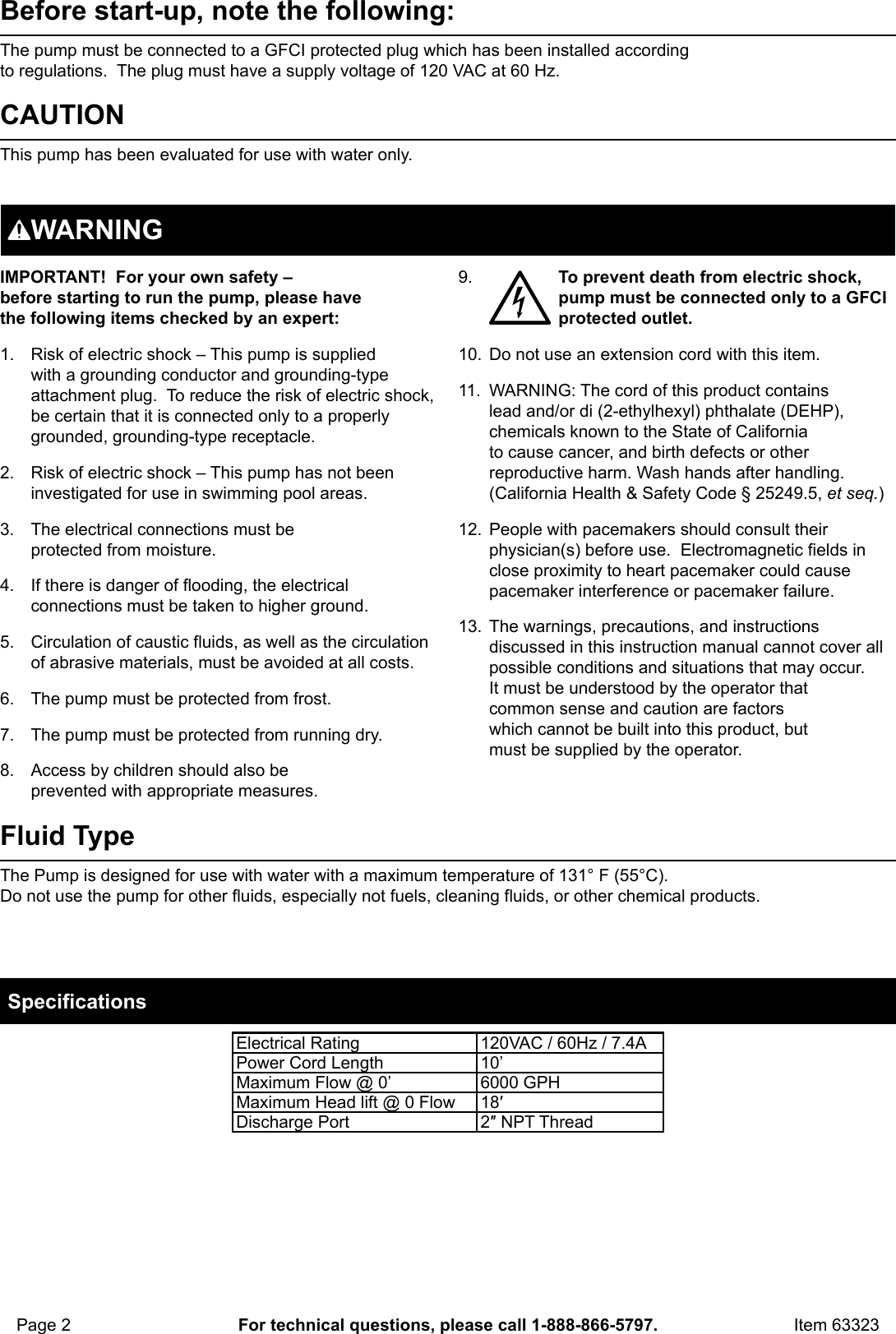 Page 2 of 8 - Manual For The 63323 1/2 HP Submersible Sewage Pump With Tether Switch