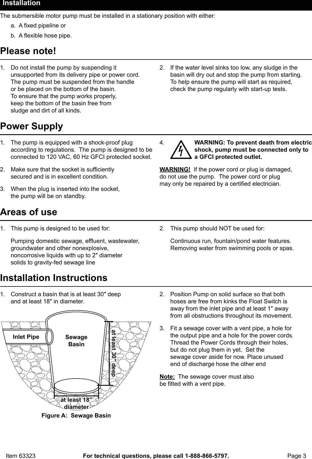 Page 3 of 8 - Manual For The 63323 1/2 HP Submersible Sewage Pump With Tether Switch