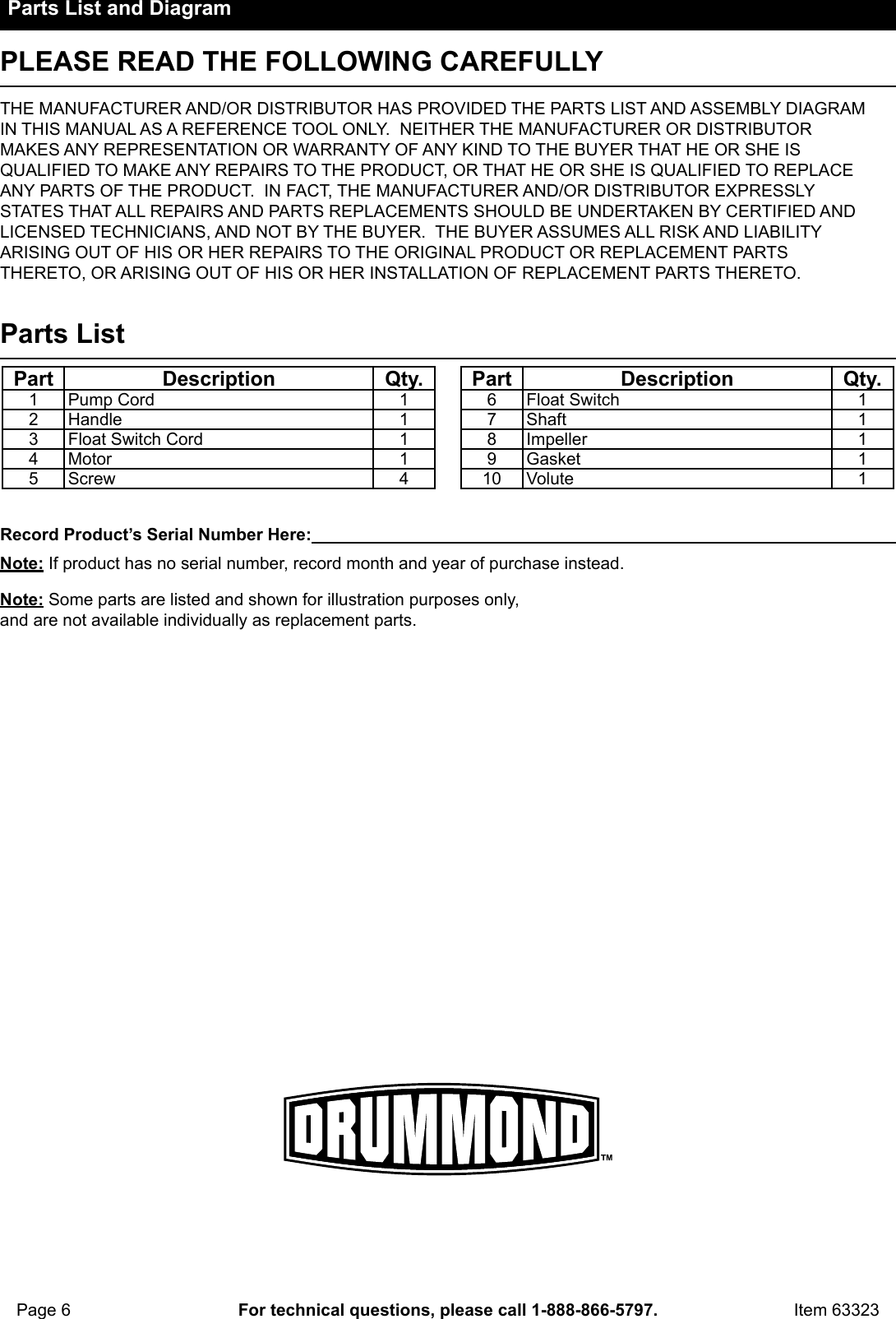 Page 6 of 8 - Manual For The 63323 1/2 HP Submersible Sewage Pump With Tether Switch