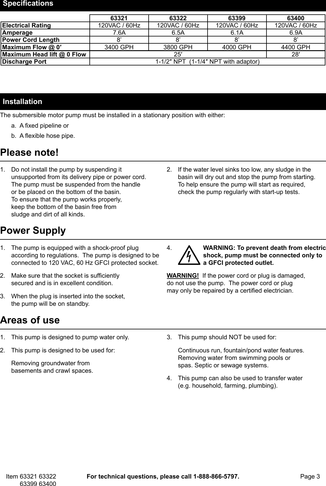 Page 3 of 8 - Manual For The 63400 1/2 HP Submersible Sump Pump With Heavy Duty Vertical Float Switch 4400 GPH
