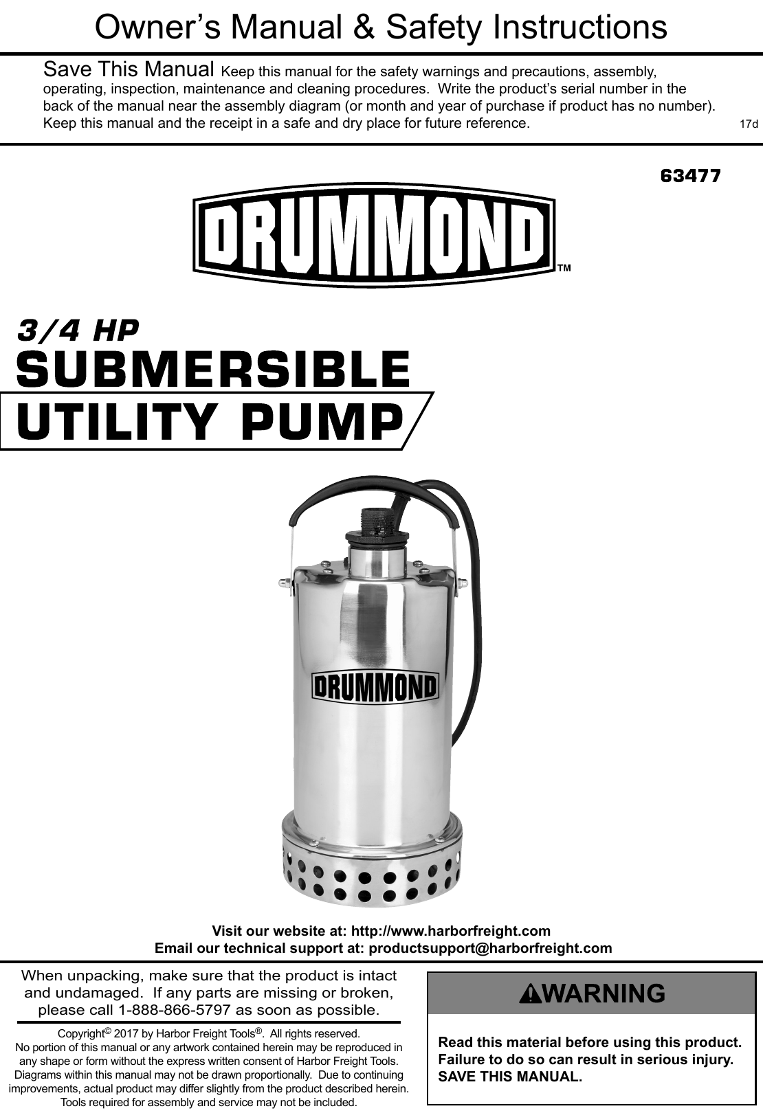 Manual For The 63477 3/4 HP Submersible Utility Pump Stainless Steel