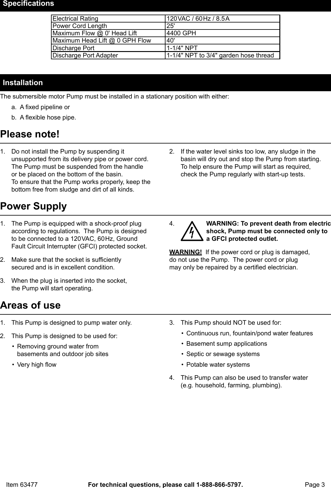 Page 3 of 8 - Manual For The 63477 3/4 HP Submersible Utility Pump Stainless Steel Construction 4400 GPH