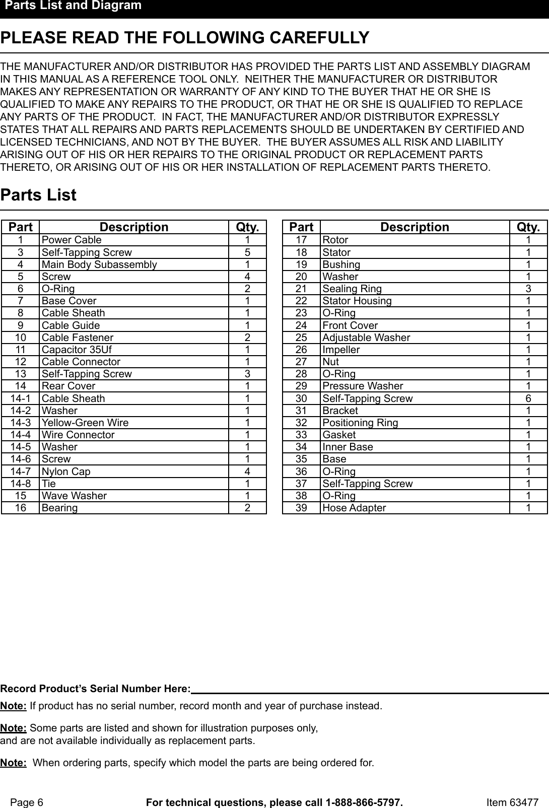 Page 6 of 8 - Manual For The 63477 3/4 HP Submersible Utility Pump Stainless Steel Construction 4400 GPH