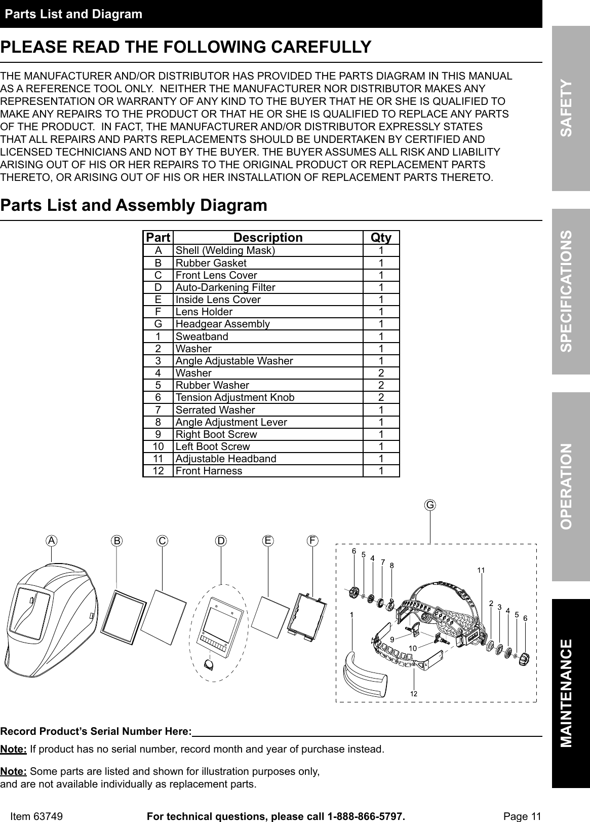 Page 11 of 12 - Manual For The 63749 Arc Safe™ Auto Darkening Welding Helmet