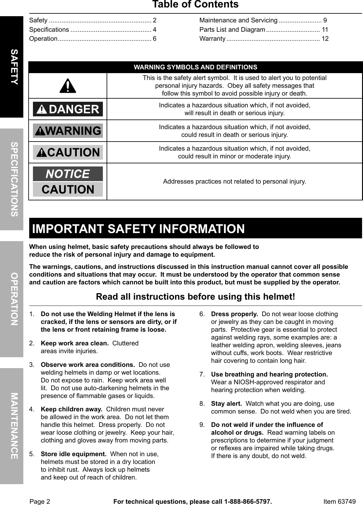 Page 2 of 12 - Manual For The 63749 Arc Safe™ Auto Darkening Welding Helmet