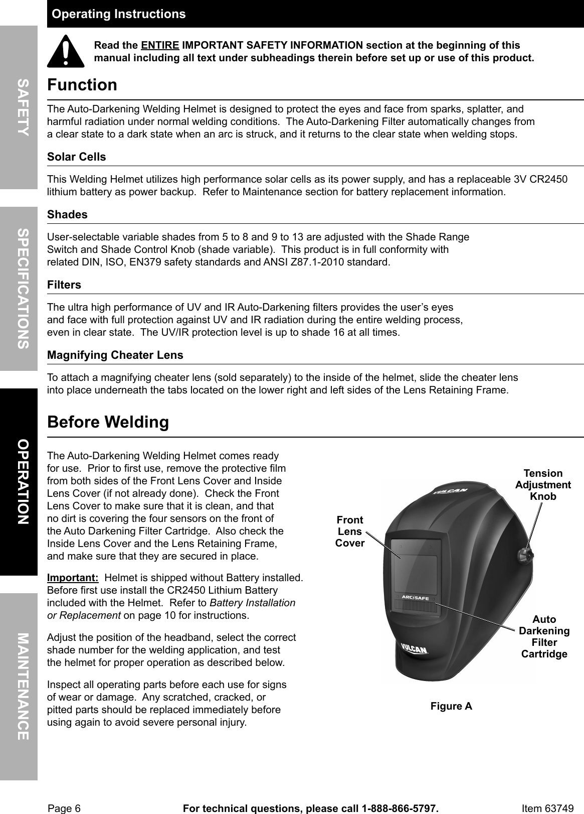Page 6 of 12 - Manual For The 63749 Arc Safe™ Auto Darkening Welding Helmet