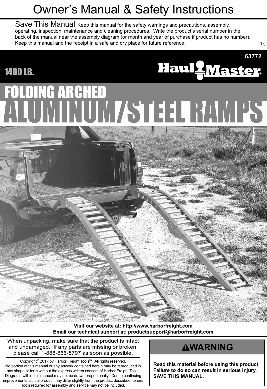 Page 1 of 8 - Manual For The 63772 1400 Lbs. Capacity 12 In. X 84 Folding Arched Aluminum/Steel Loading Ramps, Set Of Two