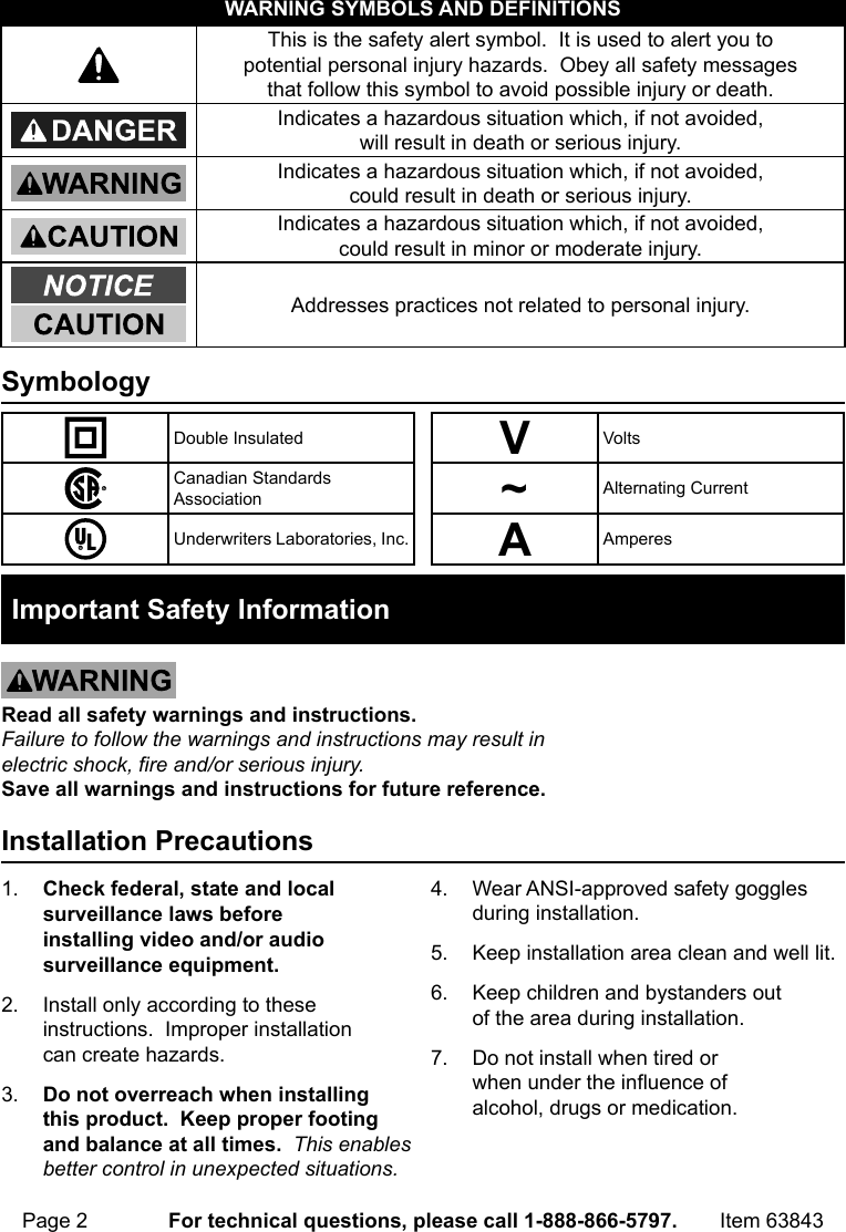 Page 2 of 12 - Manual For The 63843 Wireless Color Surveillance Camera With Night Vision