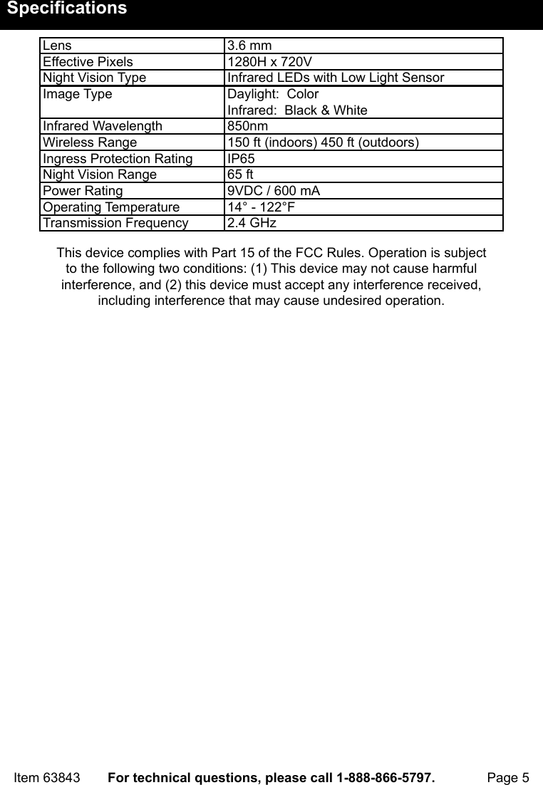 Page 5 of 12 - Manual For The 63843 Wireless Color Surveillance Camera With Night Vision