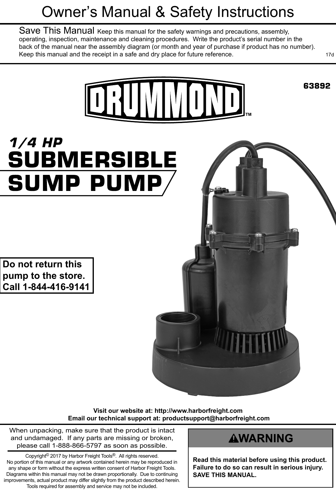 Page 1 of 8 - Manual For The 63892 1/4 HP Submersible Sump Pump 3000 GPH