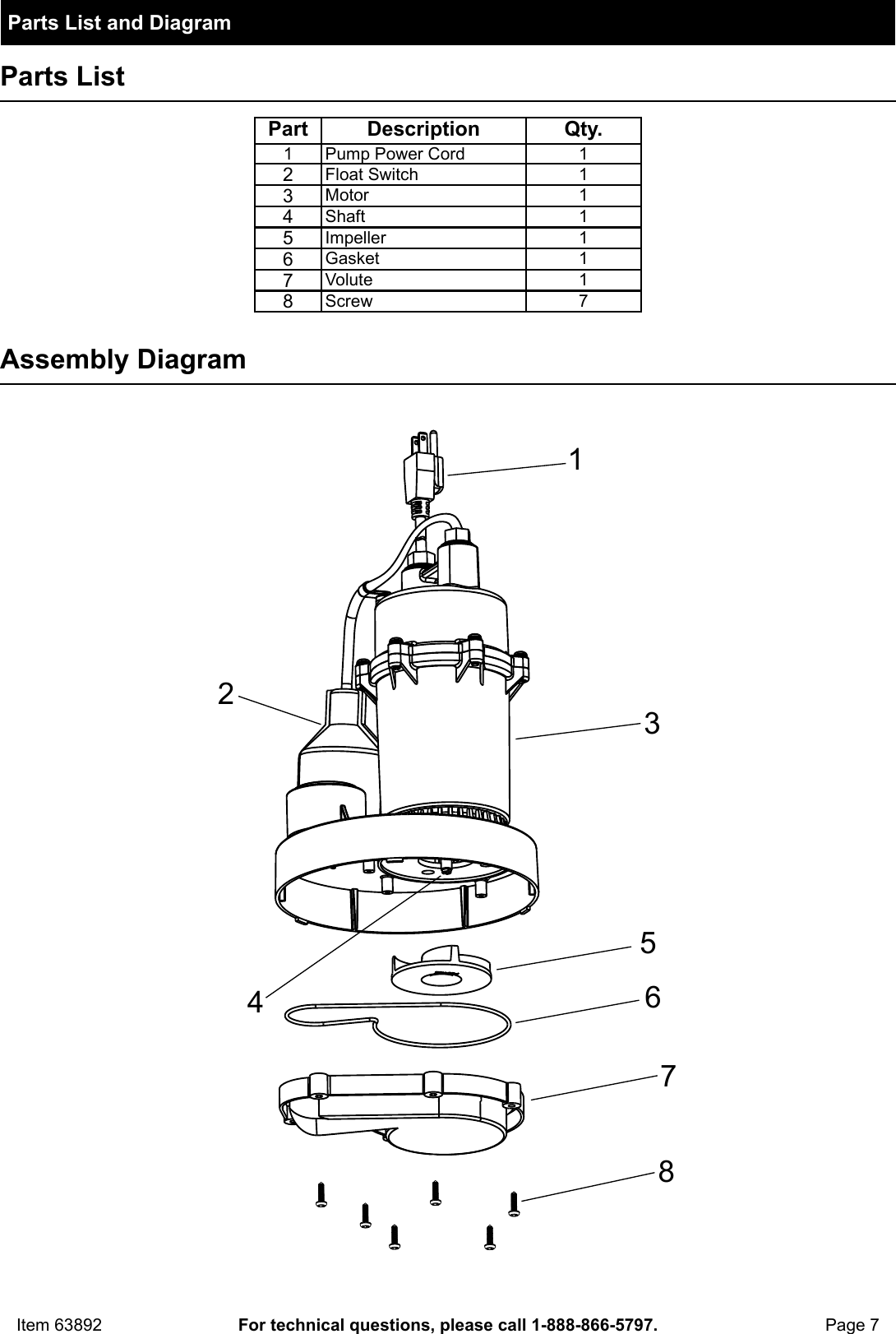 Page 7 of 8 - Manual For The 63892 1/4 HP Submersible Sump Pump 3000 GPH
