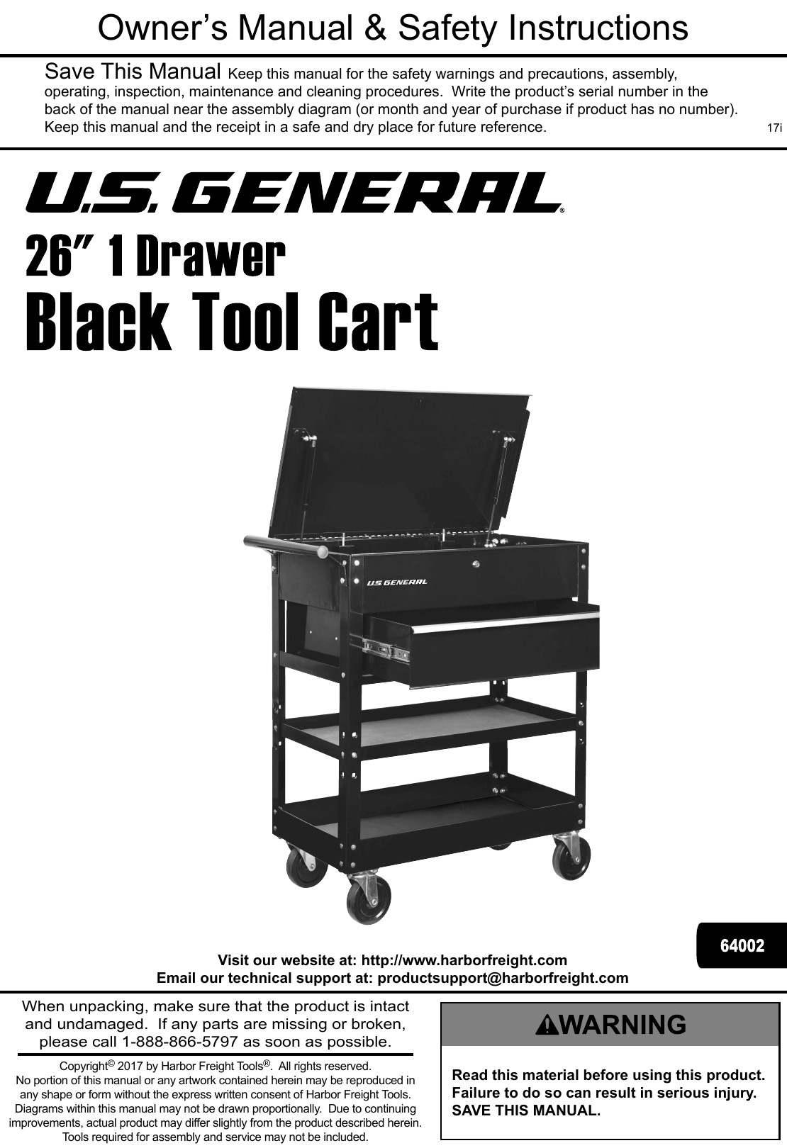 Page 1 of 8 - Manual For The 64002 26 In. Large 1 Drawer Black Tool Cart With Locking
