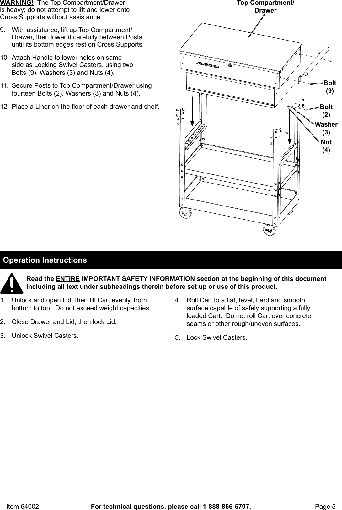 Page 5 of 8 - Manual For The 64002 26 In. Large 1 Drawer Black Tool Cart With Locking