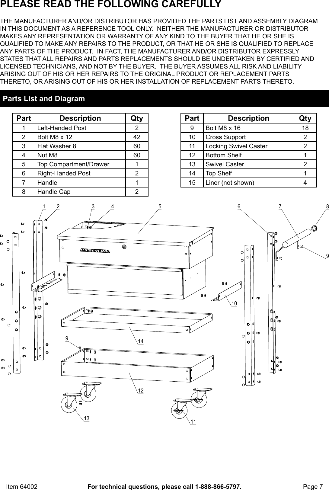 Page 7 of 8 - Manual For The 64002 26 In. Large 1 Drawer Black Tool Cart With Locking