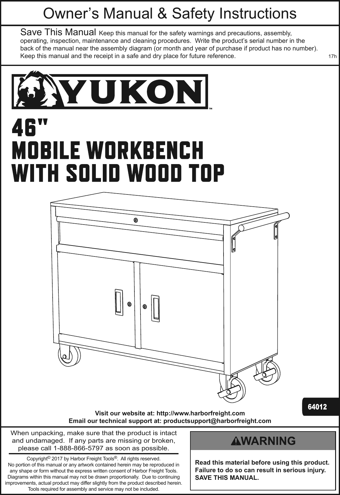 Page 1 of 8 - Manual For The 64012 46 In. Mobile Workbench With Solid Wood Top