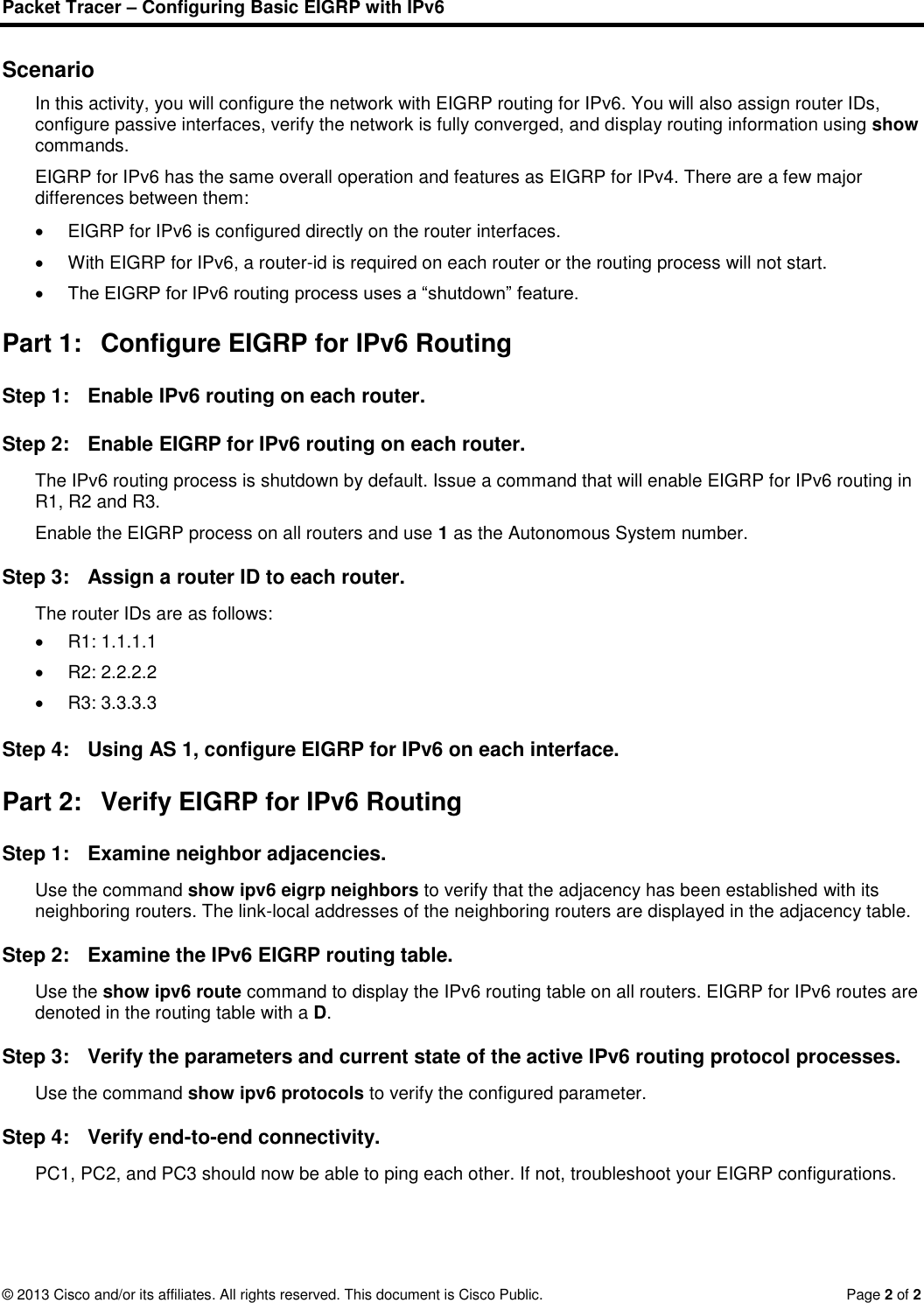 Page 2 of 2 - 6.4.3.4 Packet Tracer - Configuring Basic EIGRP With IPv6 Routing Instructions