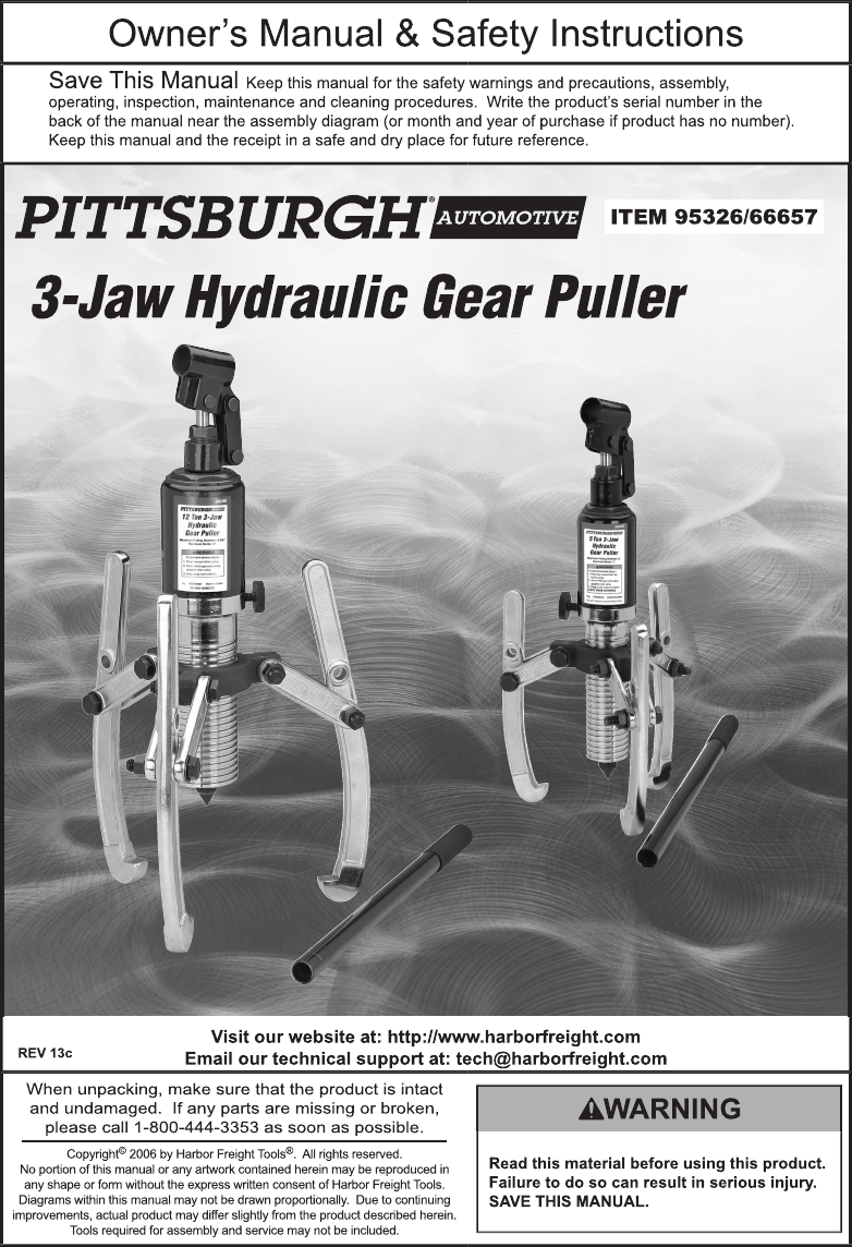 Page 1 of 8 - Manual For The 66657 12 Ton Hydraulic Gear Puller