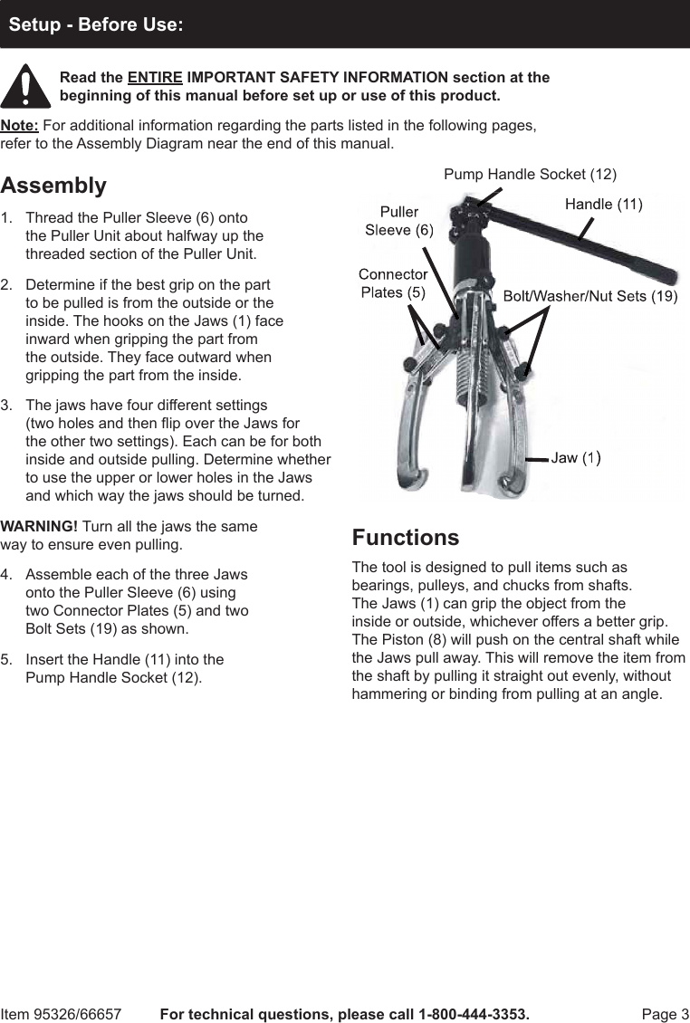 Page 3 of 8 - Manual For The 66657 12 Ton Hydraulic Gear Puller