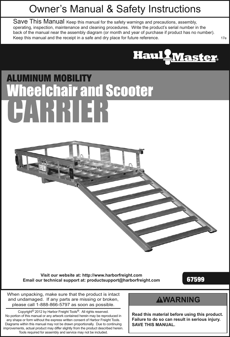 Page 1 of 12 - Manual For The 67599 500 Lb. Aluminum Mobility Wheelchair And Scooter Carrier