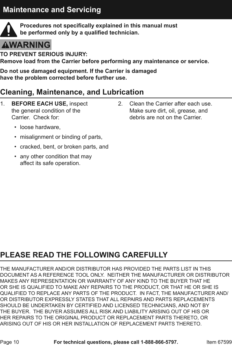 Page 10 of 12 - Manual For The 67599 500 Lb. Aluminum Mobility Wheelchair And Scooter Carrier