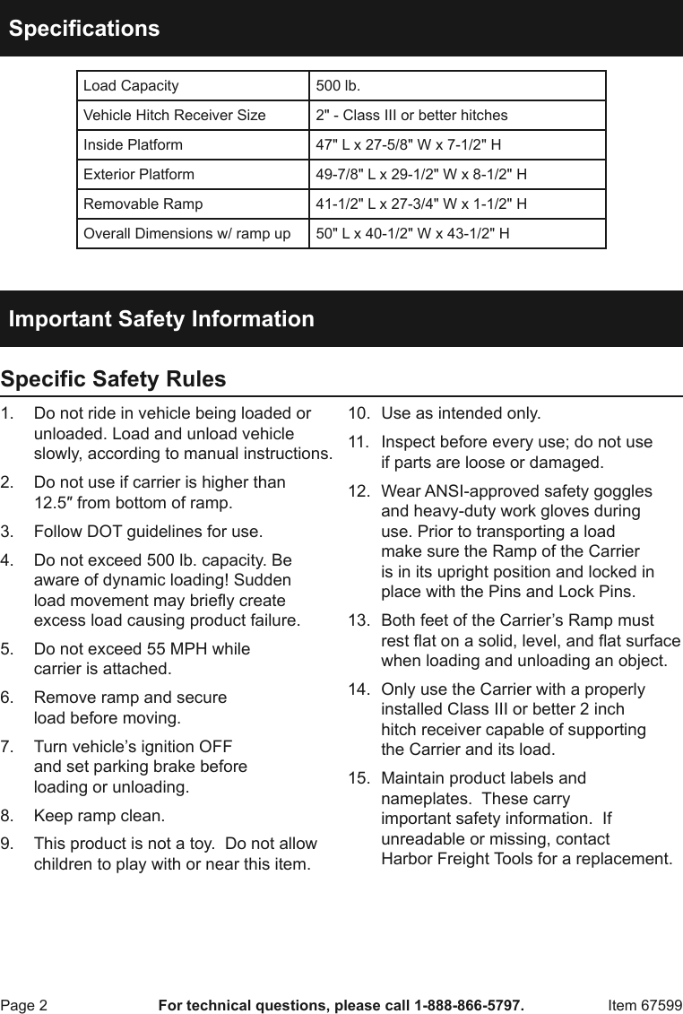 Page 2 of 12 - Manual For The 67599 500 Lb. Aluminum Mobility Wheelchair And Scooter Carrier