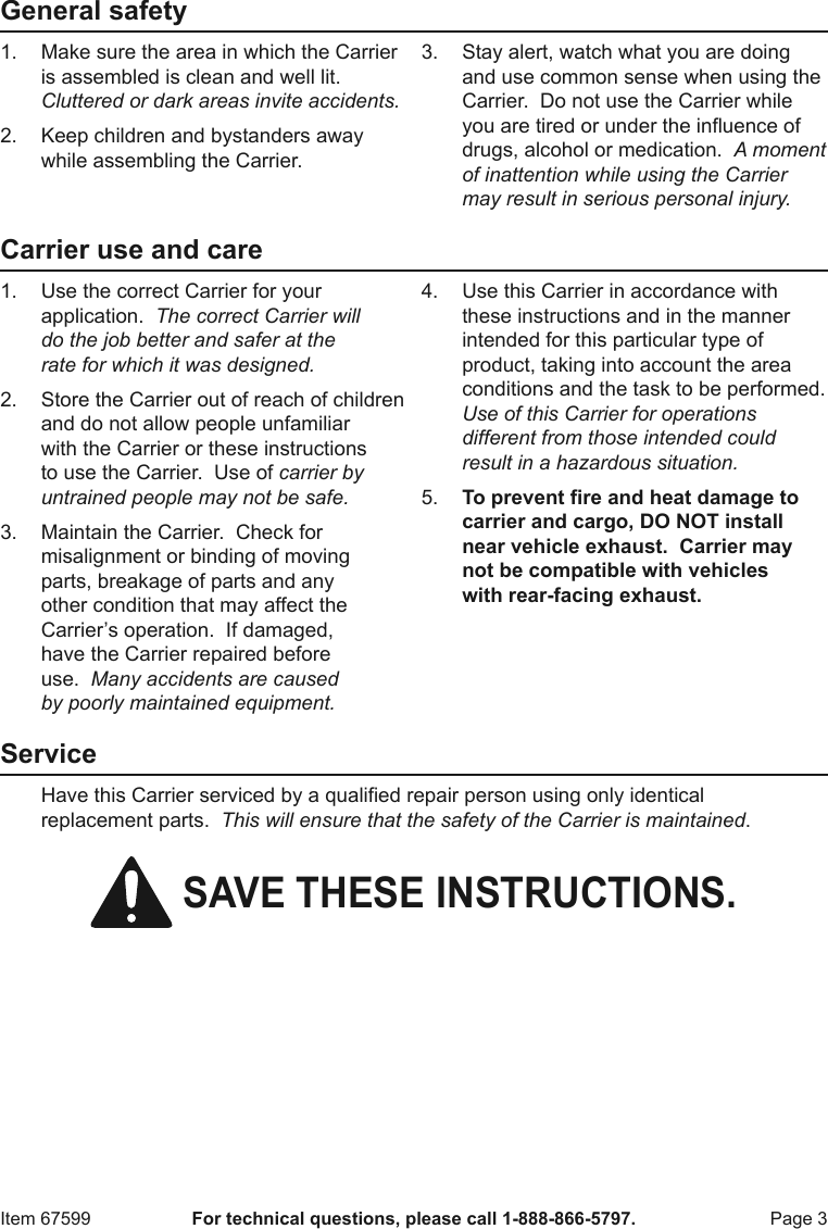 Page 3 of 12 - Manual For The 67599 500 Lb. Aluminum Mobility Wheelchair And Scooter Carrier