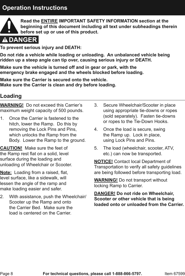 Page 8 of 12 - Manual For The 67599 500 Lb. Aluminum Mobility Wheelchair And Scooter Carrier