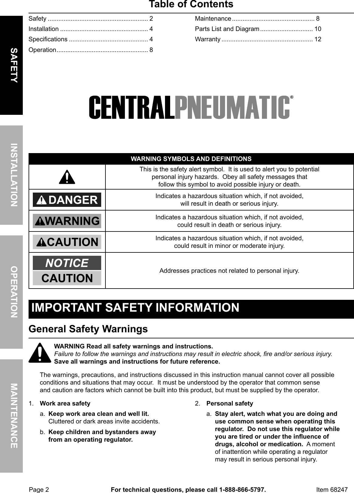 Manual For The 68247 Industrial Air Filter Regulator