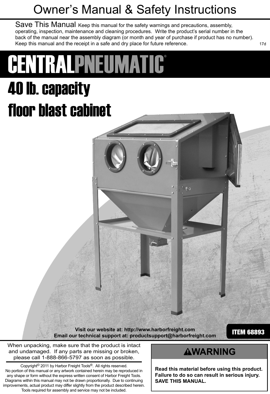 Manual For The 68893 40 Lb Capacity Floor Blast Cabinet