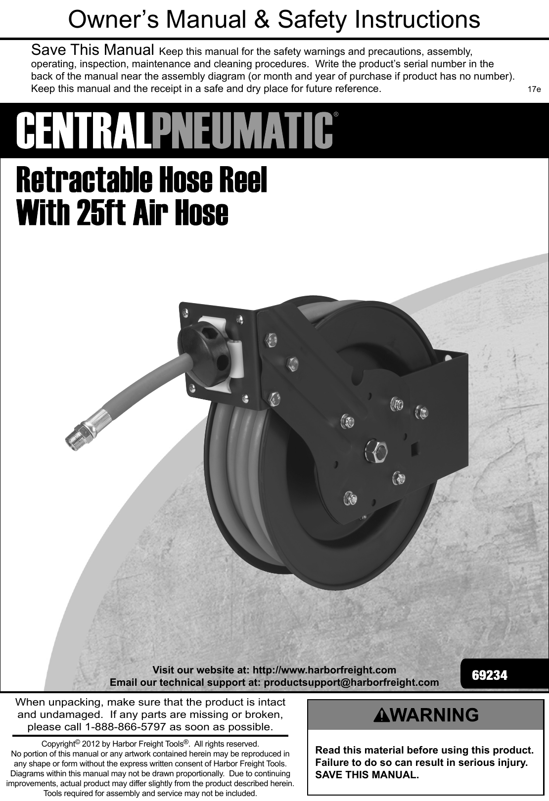 Manual For The 69234 25 Ft. Heavy Duty Retractable Air Hose Reel With 3/8