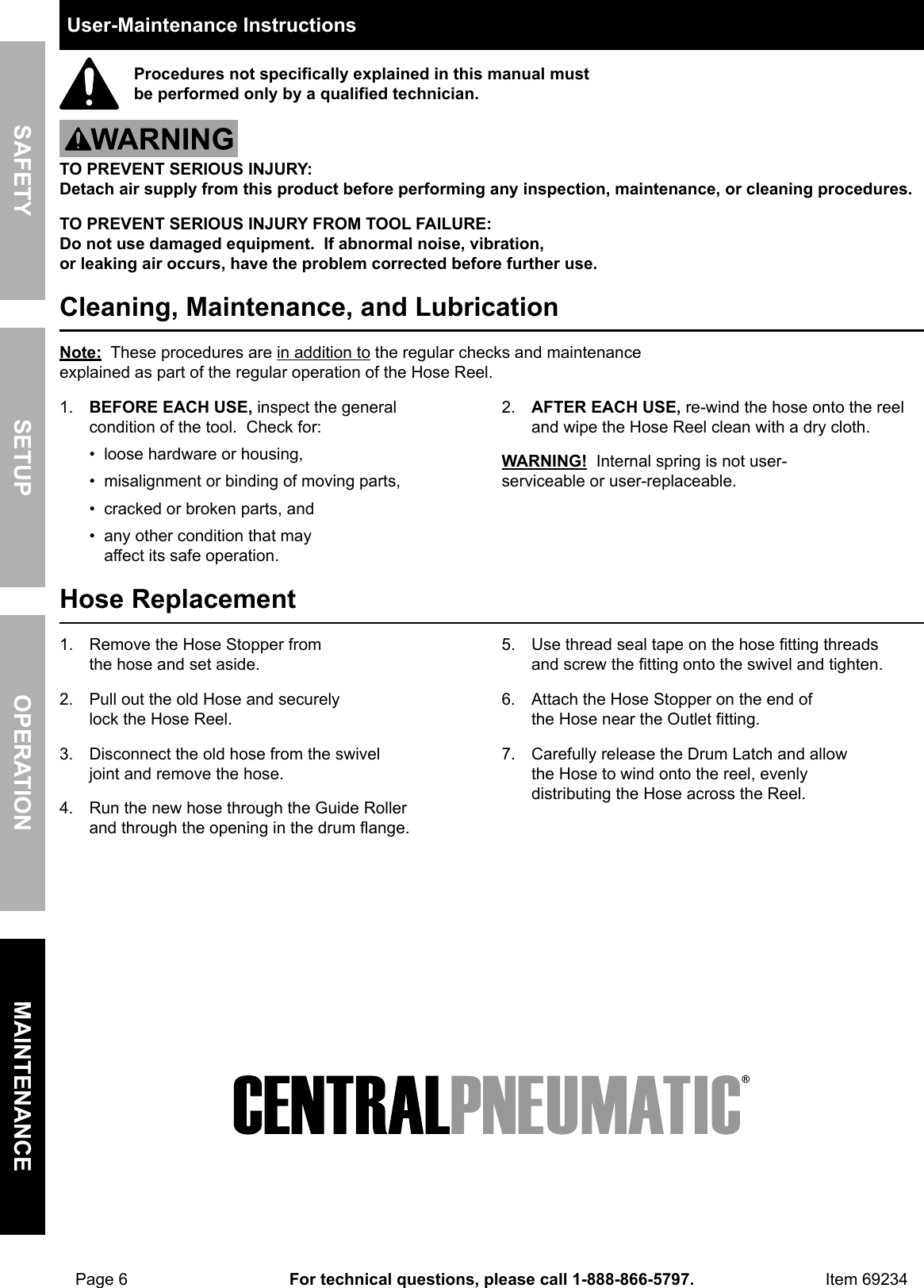 Manual For The 69234 25 Ft. Heavy Duty Retractable Air Hose Reel With 3/8