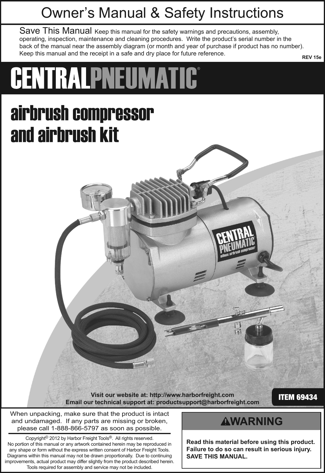 Page 1 of 12 - Manual For The 69434 1/5 Horsepower, 58 PSI Airbrush Compressor And Kit