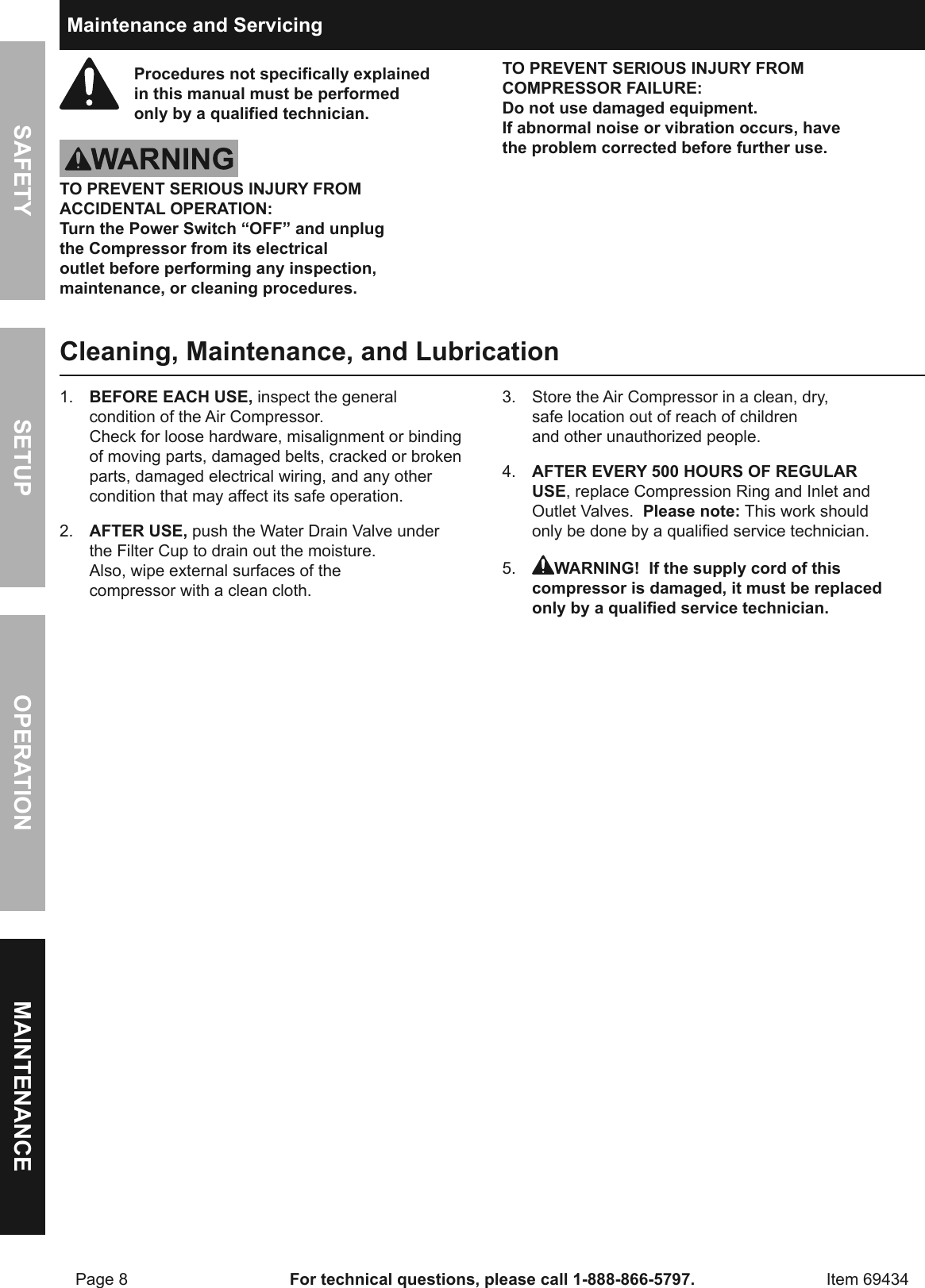 Page 8 of 12 - Manual For The 69434 1/5 Horsepower, 58 PSI Airbrush Compressor And Kit